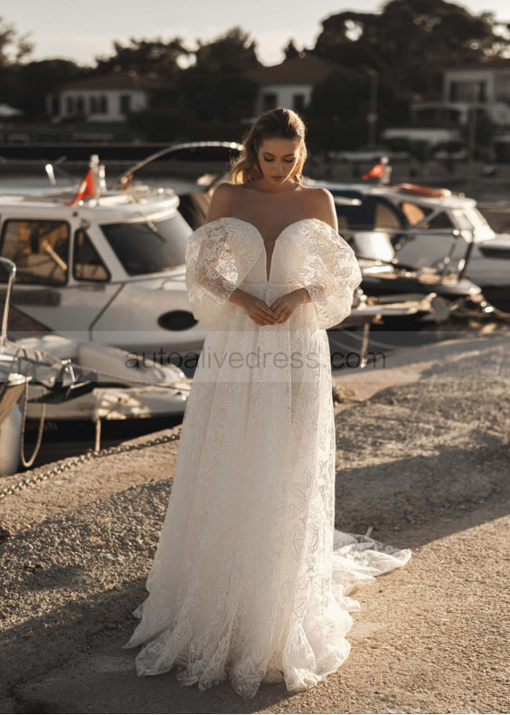 Off Shoulder Ivory Lace Tulle Corset Back Stunning Wedding Dress